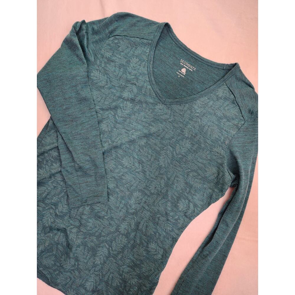 Seg’Ments Women’s Large 100% Merino Wool Base Layer Top Teal Green Fern Pattern